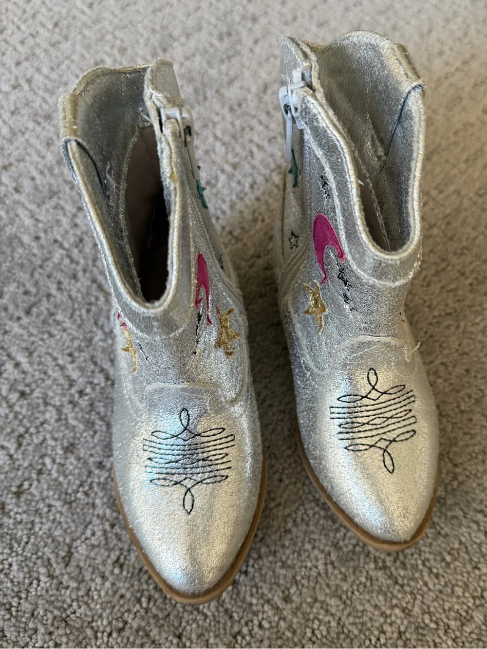 Tucker + Tate Silver Glitter Western Boots with Pink & Gold Stars